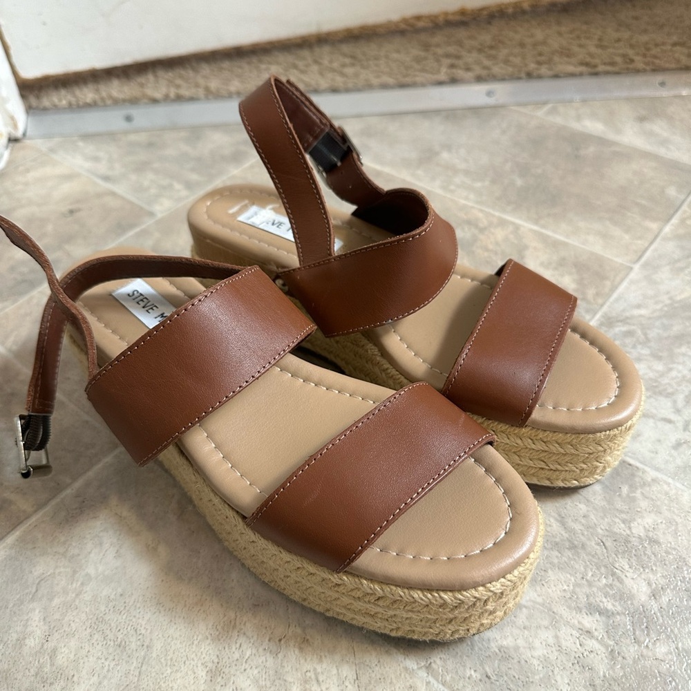 Steve Madden Brown Leather-Look Platform Espadrille Sandals